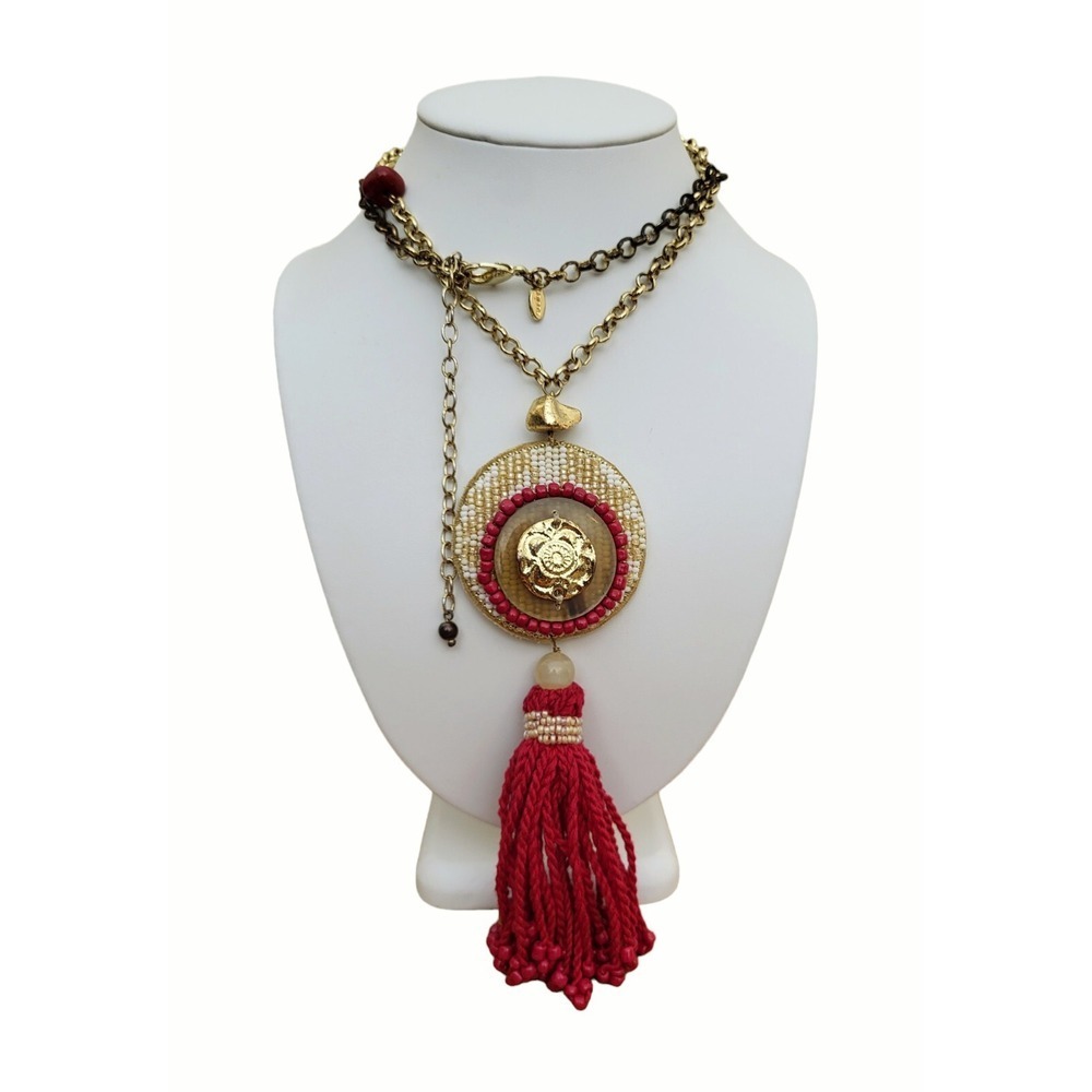 Chico's Gold-Tone Chain Beaded Cherry Red Tassel Medallion Pendant Necklace 30"
